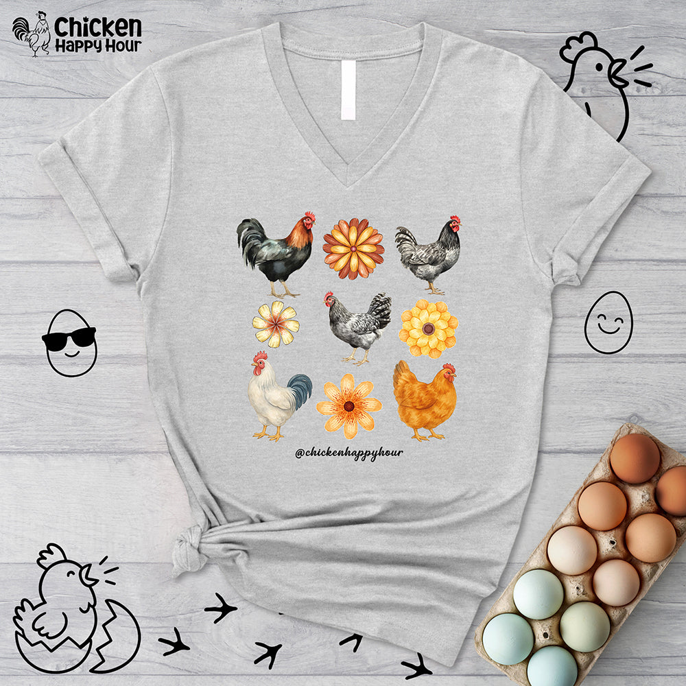Chicken With Flowers V-Neck Tee