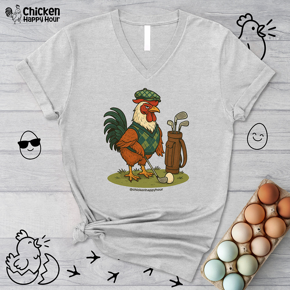 Rooster Playing Golf V-Neck Tee