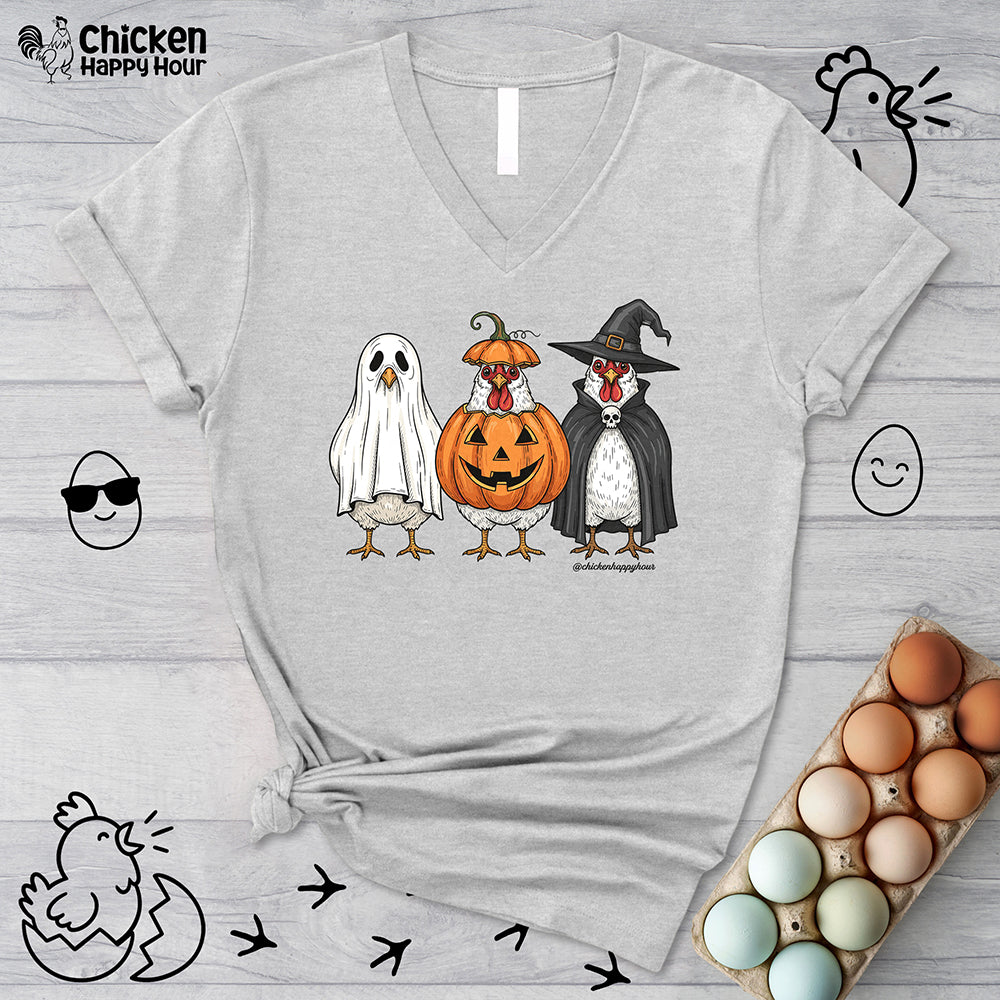 Chickens Wearing Halloween Costumes V-Neck Tee