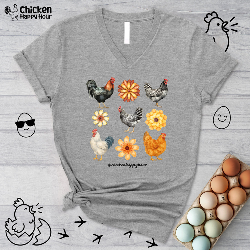 Chicken With Flowers V-Neck Tee