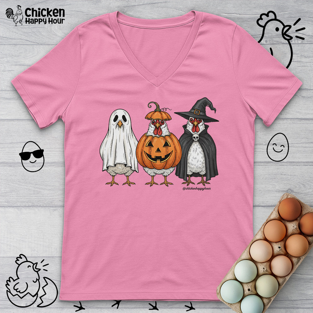 Chickens Wearing Halloween Costumes V-Neck Tee