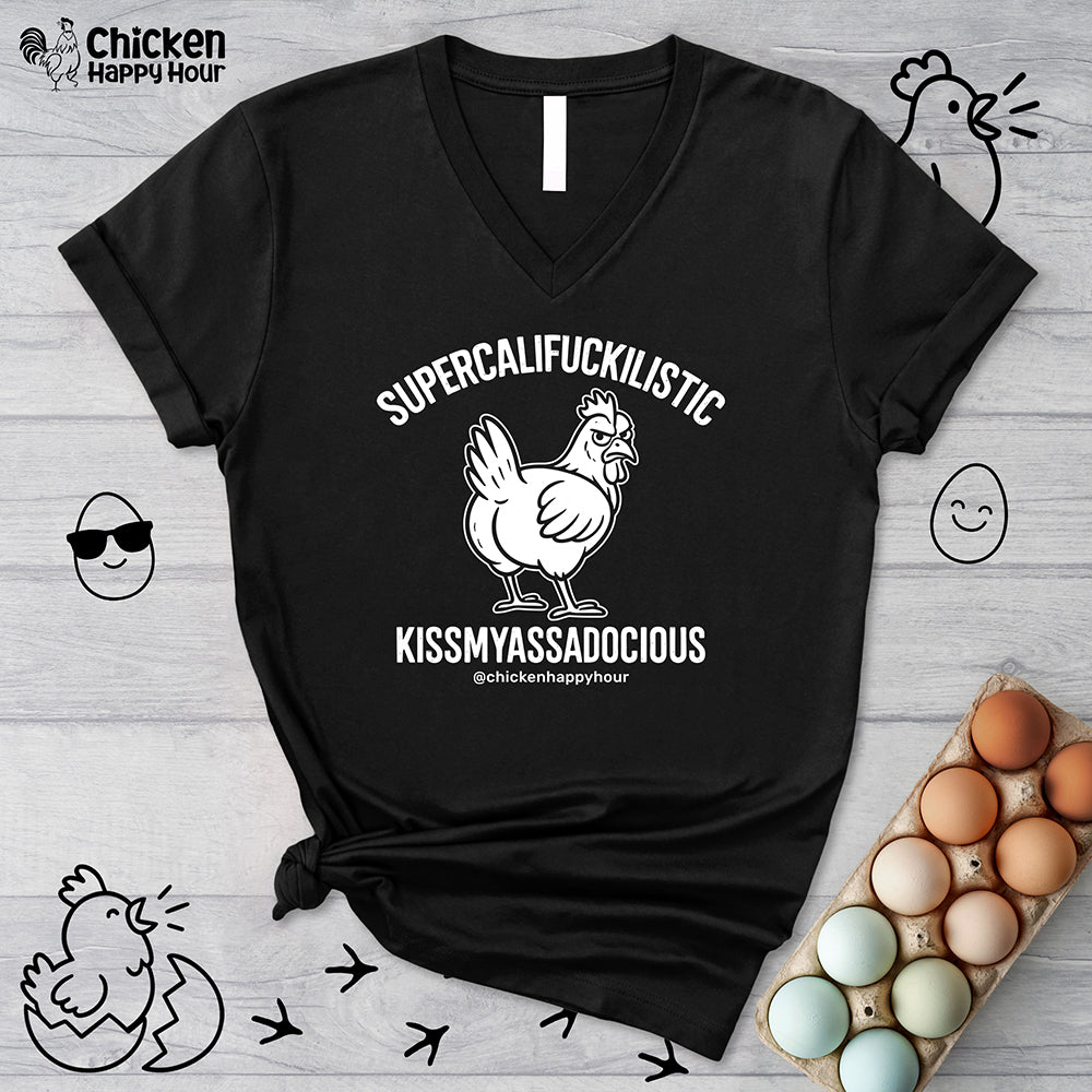 Supercalifuckilistic Kissmyassadocious White V-Neck Tee