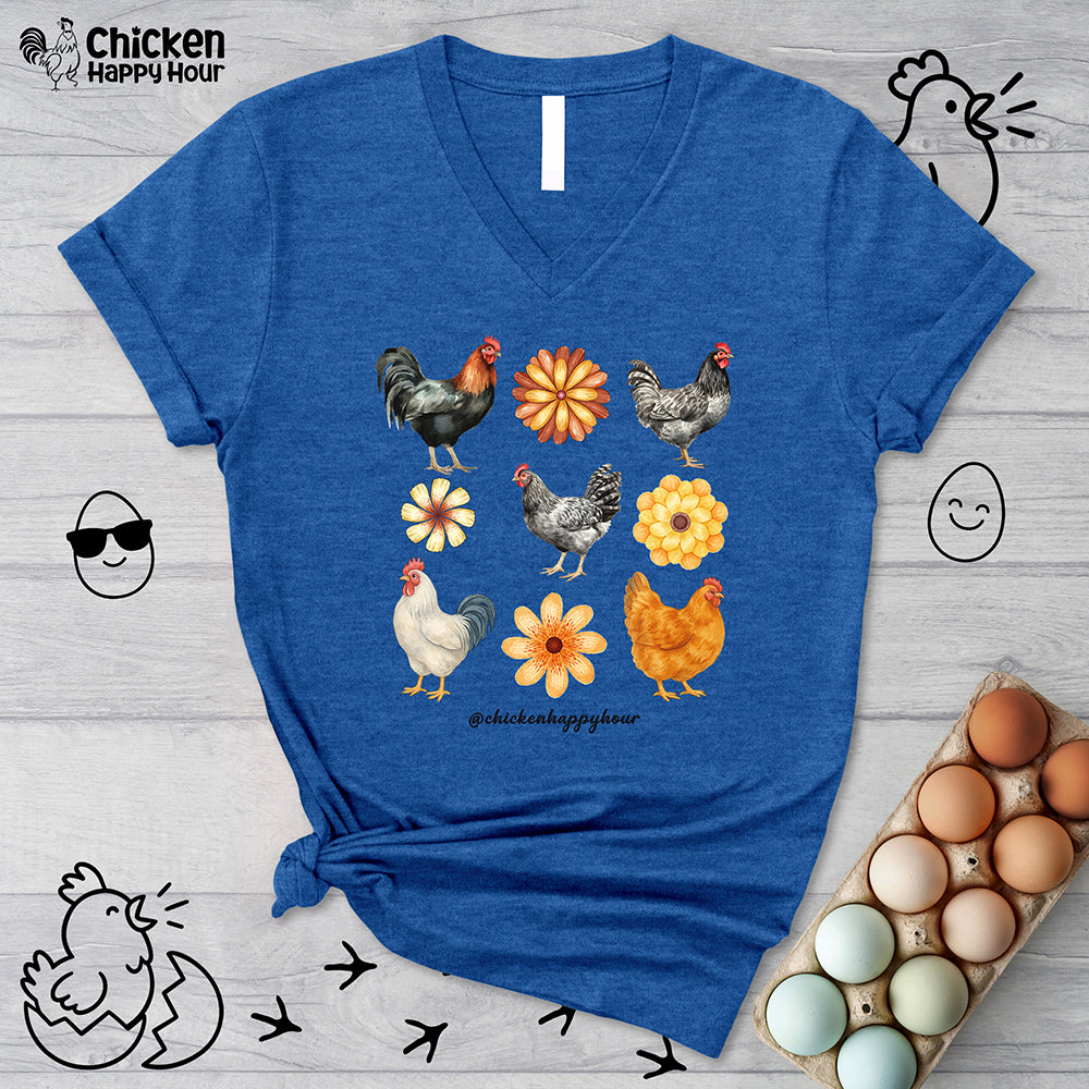 Chicken With Flowers V-Neck Tee