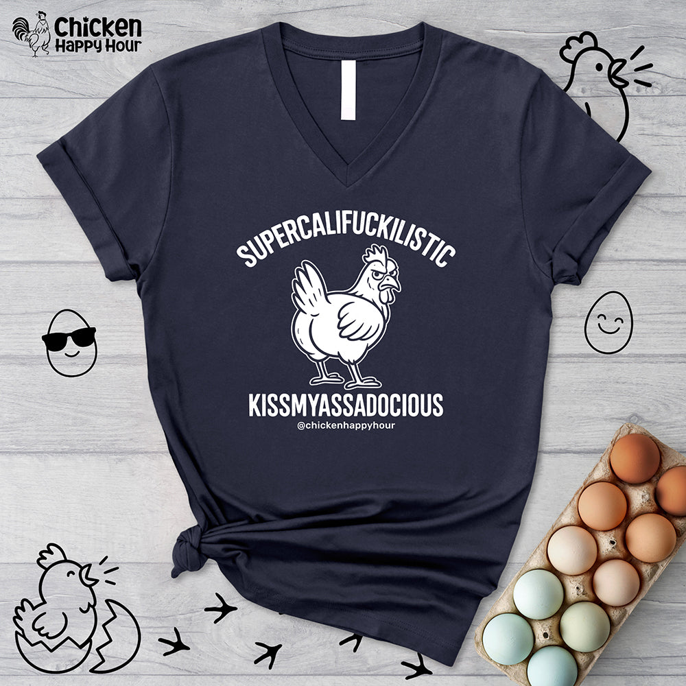 Supercalifuckilistic Kissmyassadocious White V-Neck Tee