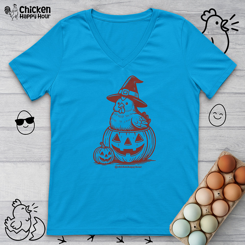 Halloween Chicken Witch in Pumpkin V-Neck Tee
