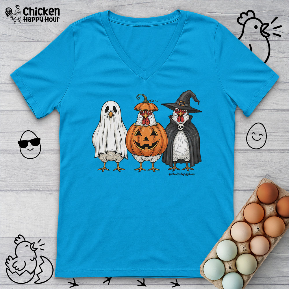 Chickens Wearing Halloween Costumes V-Neck Tee