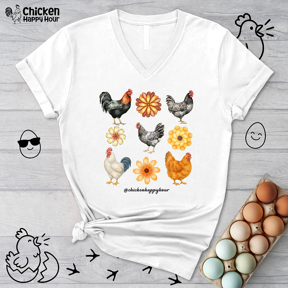 Chicken With Flowers V-Neck Tee