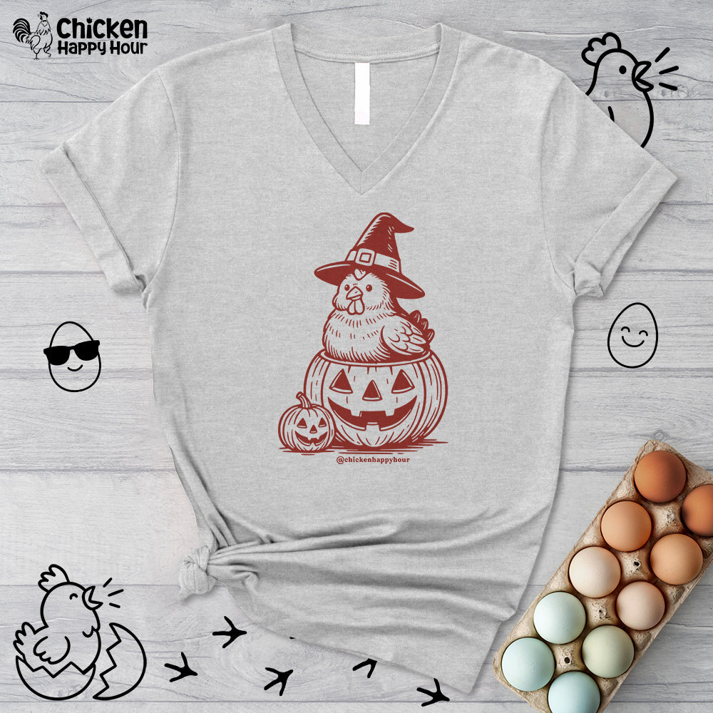 Halloween Chicken Witch in Pumpkin V-Neck Tee