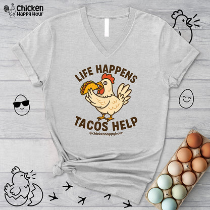 Life Happens Tacos Help V-Neck Tee