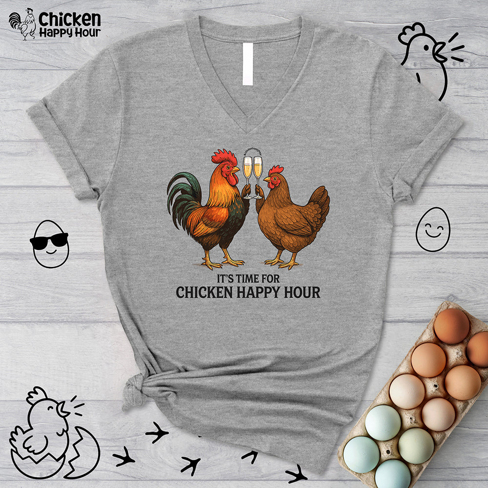 It’s time for Chicken Happy Hour With  Rooster and Hen V-Neck Tee