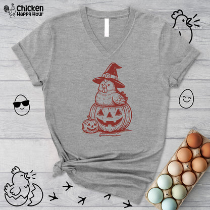 Halloween Chicken Witch in Pumpkin V-Neck Tee