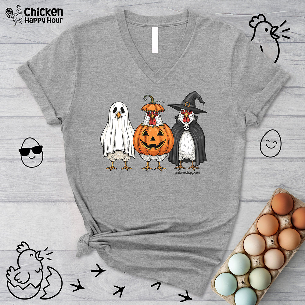 Chickens Wearing Halloween Costumes V-Neck Tee