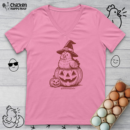 Halloween Chicken Witch in Pumpkin V-Neck Tee