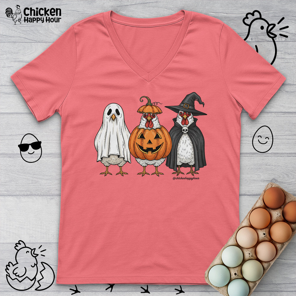 Chickens Wearing Halloween Costumes V-Neck Tee