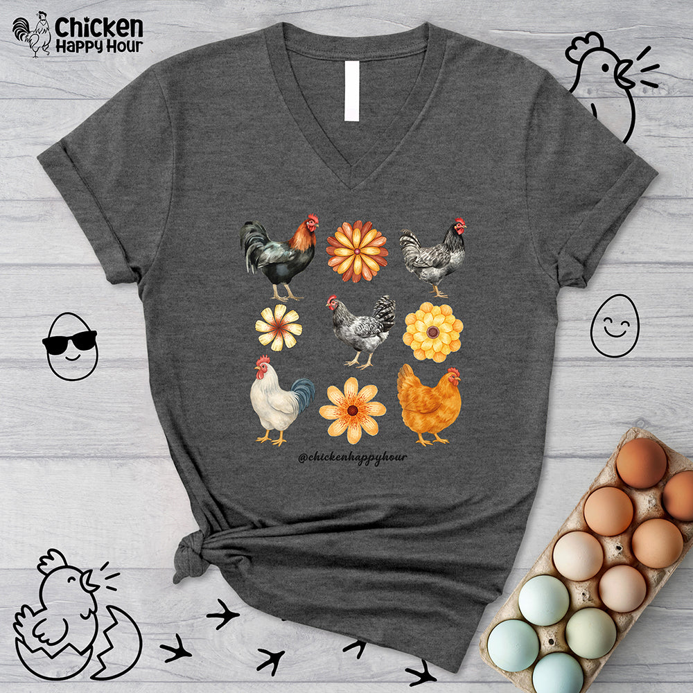 Chicken With Flowers V-Neck Tee