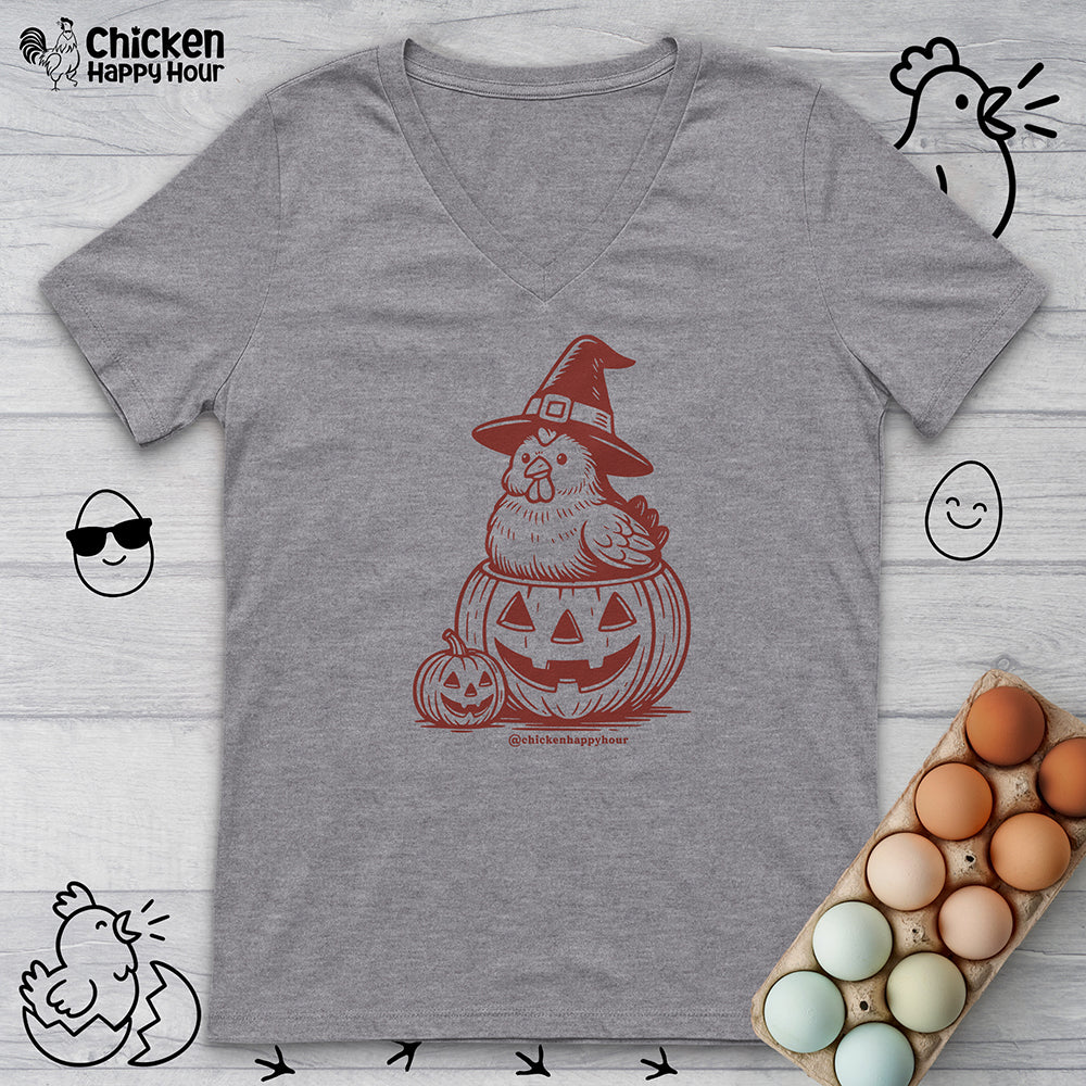 Halloween Chicken Witch in Pumpkin V-Neck Tee