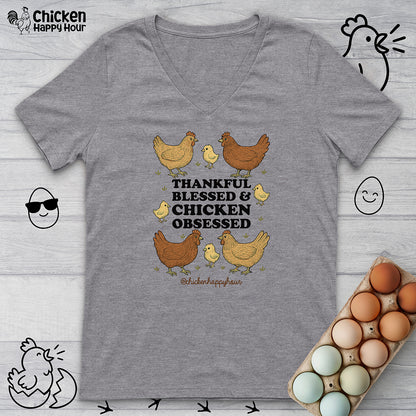 Thankful Blessed and Chicken Obsessed V-Neck Tee