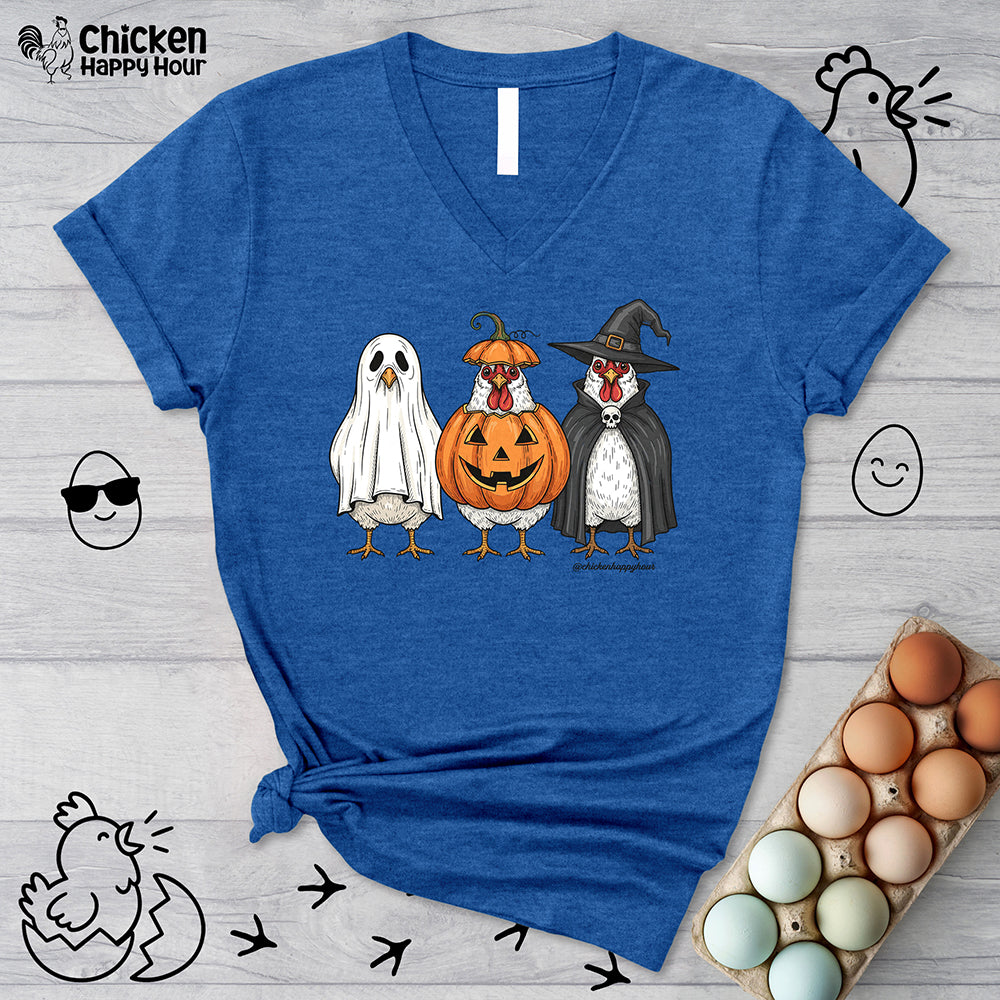 Chickens Wearing Halloween Costumes V-Neck Tee