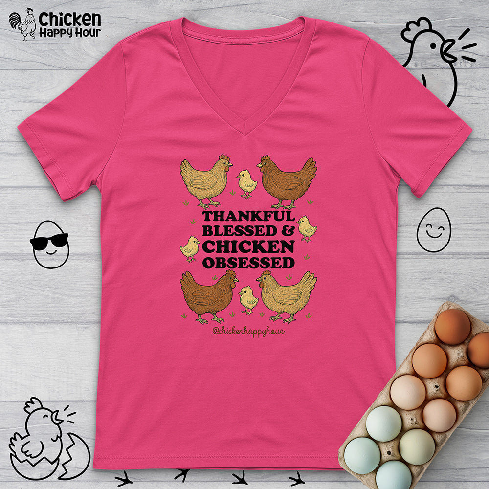 Thankful Blessed and Chicken Obsessed V-Neck Tee