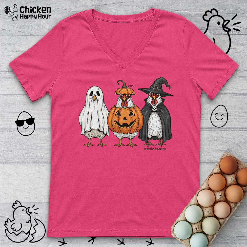 Chickens Wearing Halloween Costumes V-Neck Tee