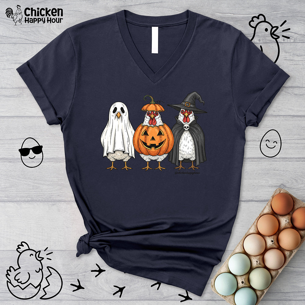 Chickens Wearing Halloween Costumes V-Neck Tee