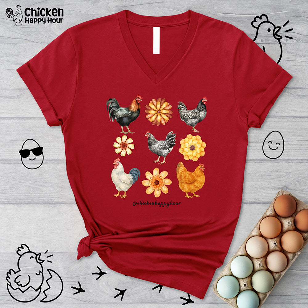 Chicken With Flowers V-Neck Tee