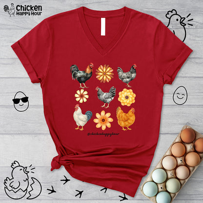 Chicken With Flowers V-Neck Tee