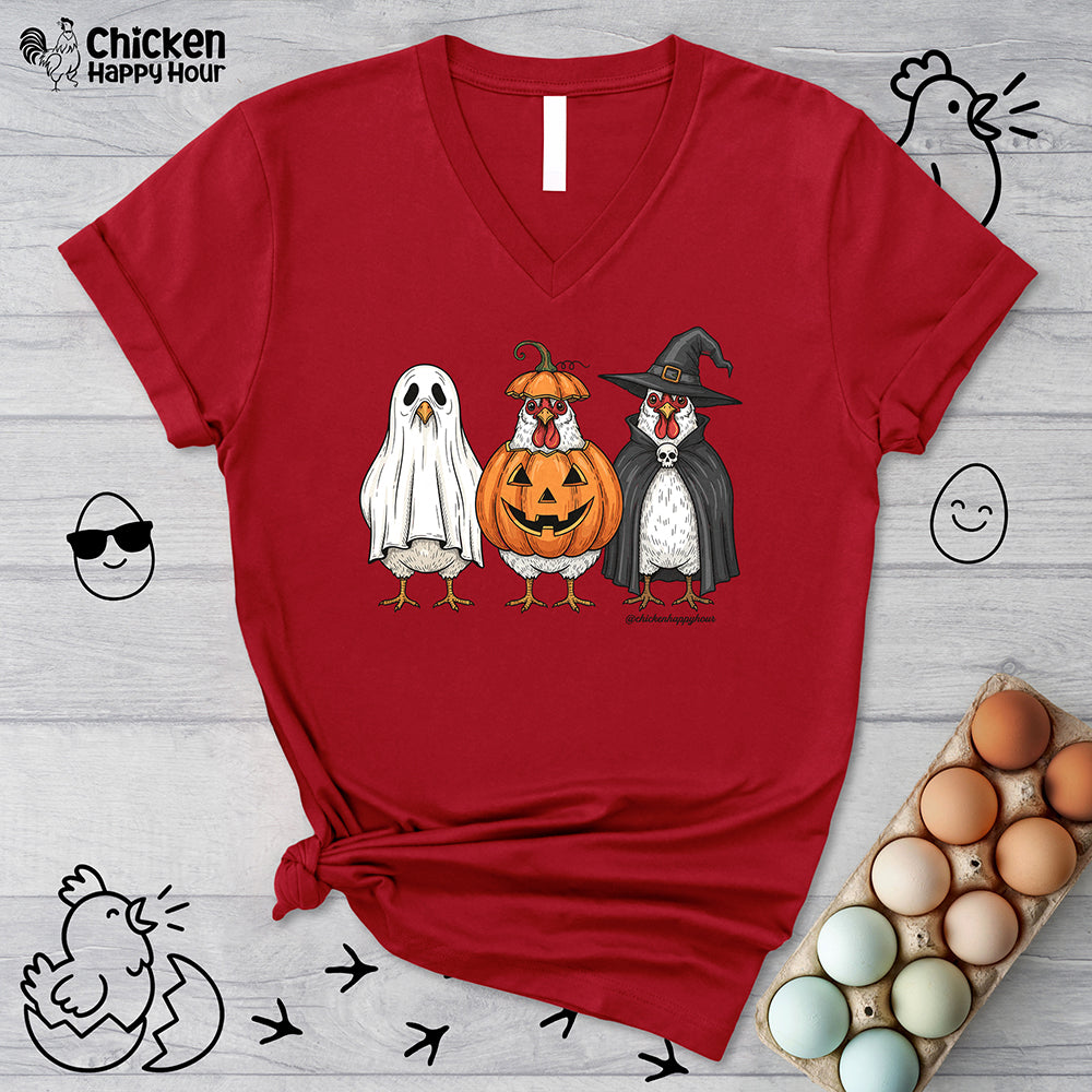 Chickens Wearing Halloween Costumes V-Neck Tee