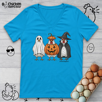Chickens Wearing Halloween Costumes V-Neck Tee