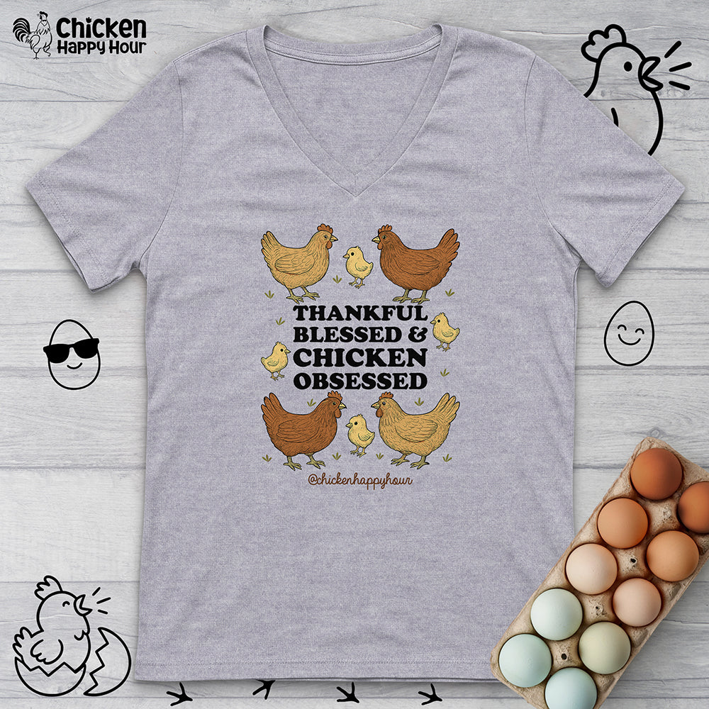 Thankful Blessed and Chicken Obsessed V-Neck Tee
