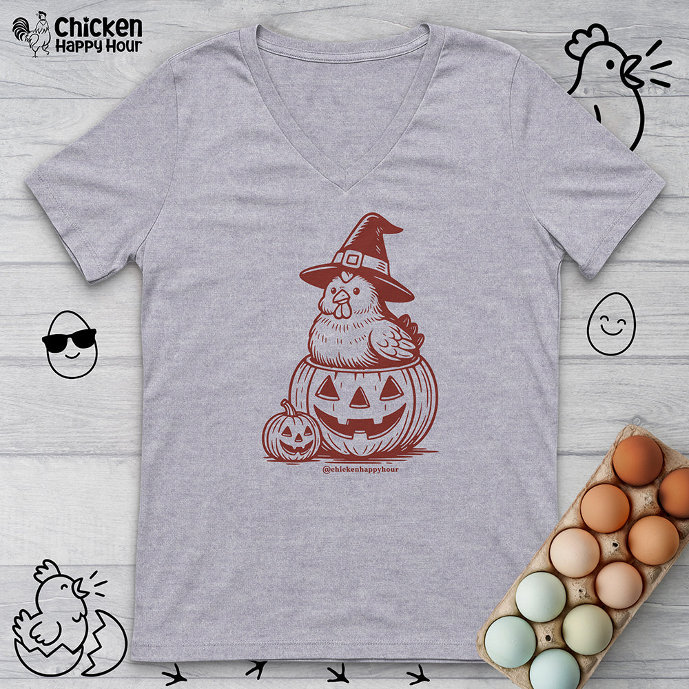 Halloween Chicken Witch in Pumpkin V-Neck Tee