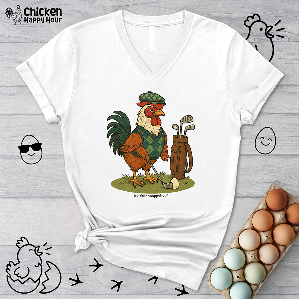 Rooster Playing Golf V-Neck Tee