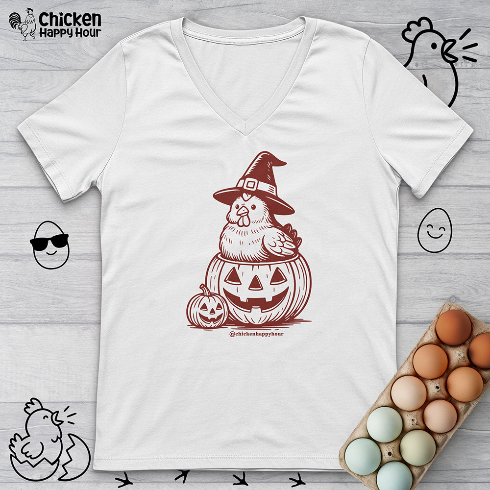 Halloween Chicken Witch in Pumpkin V-Neck Tee