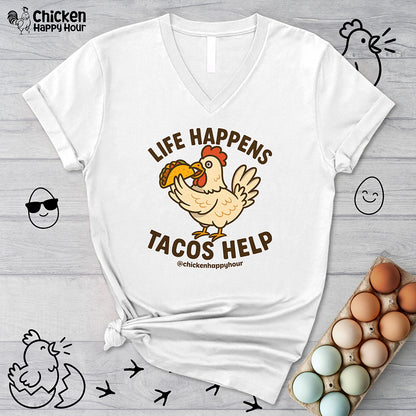 Life Happens Tacos Help V-Neck Tee