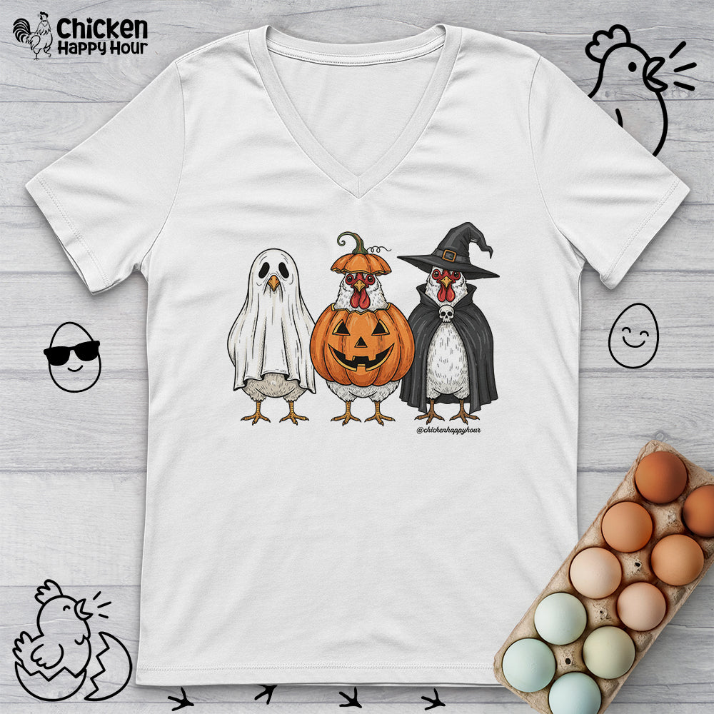 Chickens Wearing Halloween Costumes V-Neck Tee