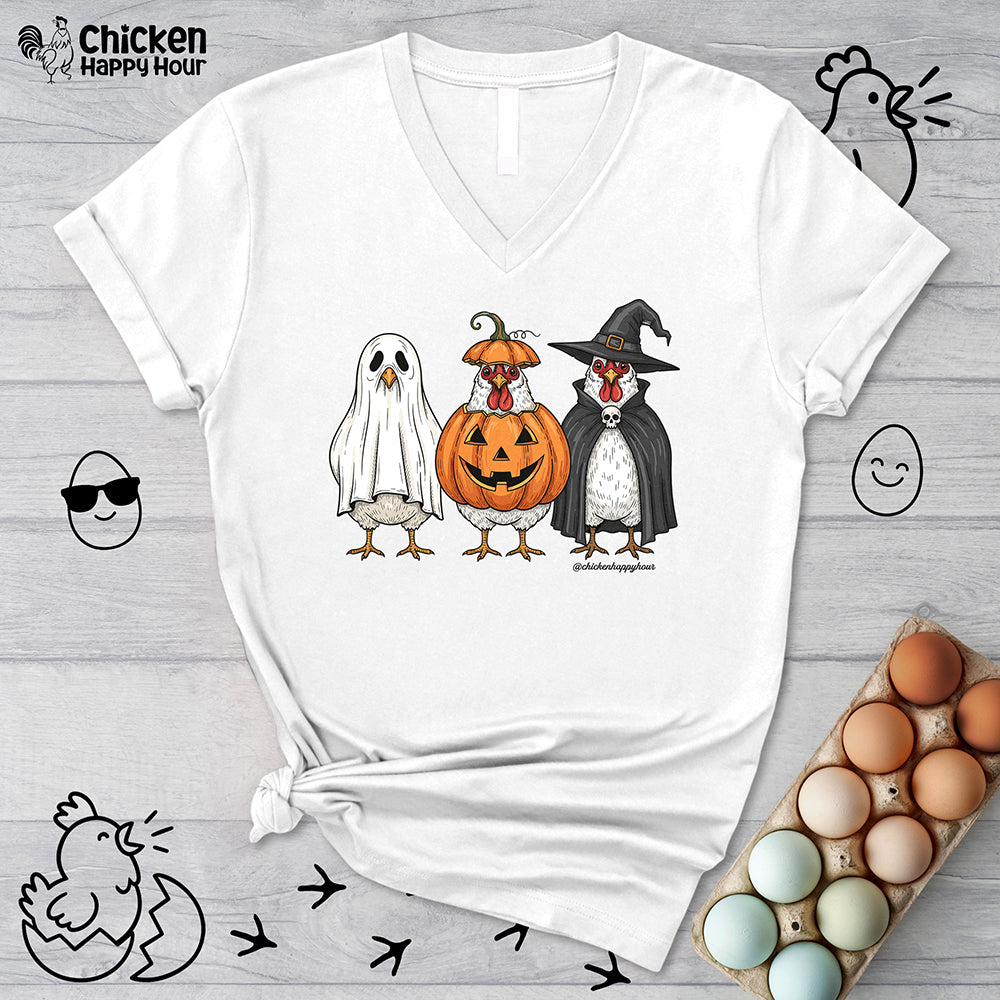 Chickens Wearing Halloween Costumes V-Neck Tee