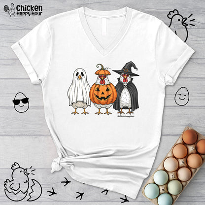 Chickens Wearing Halloween Costumes V-Neck Tee